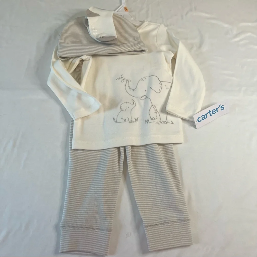 Carter's‎ White and Gray Elephant Pajama Set with Hat and Socks